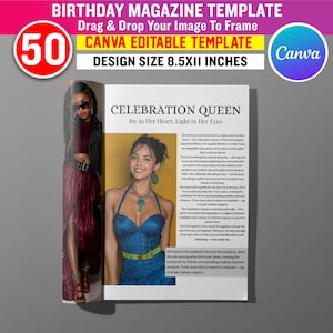 May include: A magazine template with the text "BIRTHDAY MAGAZINE TEMPLATE" and "CANVA EDITABLE TEMPLATE". The design size is 8.5x11 inches. The magazine features a photo of a woman in a blue dress and the text "CELEBRATION QUEEN".