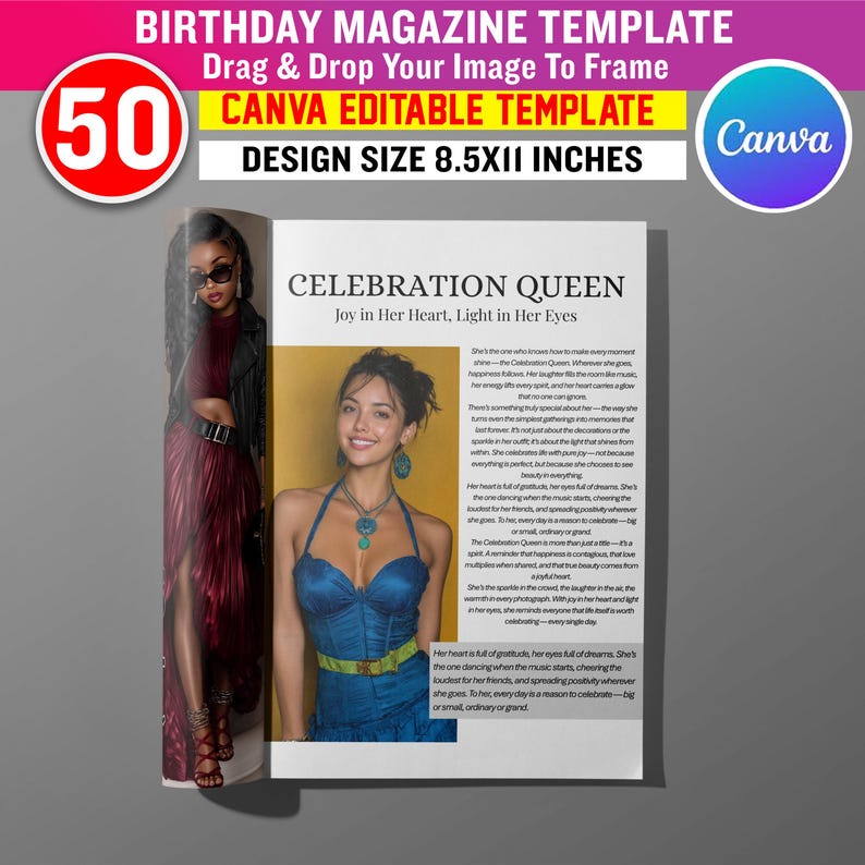 May include: A magazine template with the text "BIRTHDAY MAGAZINE TEMPLATE" and "CANVA EDITABLE TEMPLATE". The design size is 8.5x11 inches. The magazine features a photo of a woman in a blue dress and the text "CELEBRATION QUEEN".