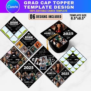 6 plantillas de decoración de graduación con foto personalizada / Diseño de birrete con tira de fotos de recuerdo / Decoración de graduación de 2026, adorno de birrete editable en Canva