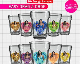 20x Birthday Party Canva Templates | Editable Shot Glass & Cup Sticker Designs | Birthday Queen Stickers | Party Favor Digital Bundle