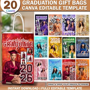 May include: A white handled gift bag with a red background and the words "Congratulations Graduate" and "Class of 2026". The bag features a collage of graduation-themed designs, including photos of graduates and the text "20 Graduation Gift Bags Canva Editable Template".