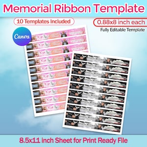 May include: Sheets of memorial ribbon templates, each 0.88 x 8 inches, with space for names, dates, and photos. The design includes a dove, the word "Rip", and the text "Benjamin Williams" and "Amelia Williams". The sheets are 8.5 x 11 inches.