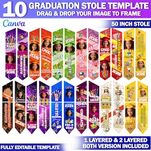 May include: A template for graduation stoles, featuring various designs with photos, names, and the year 2026. The stoles are 50 inches long and include options for kindergarten and pre-K graduates. The design is fully editable.