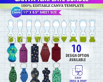Puede incluir: Un paquete de plantillas para sujetadores de lápiz labial con varios diseños, incluyendo tie-dye, purpurina y cuero estampado. La imagen muestra 10 opciones de diseño, con el texto "100% Editable Canva Template" y "11" x 8.5" sheet size".