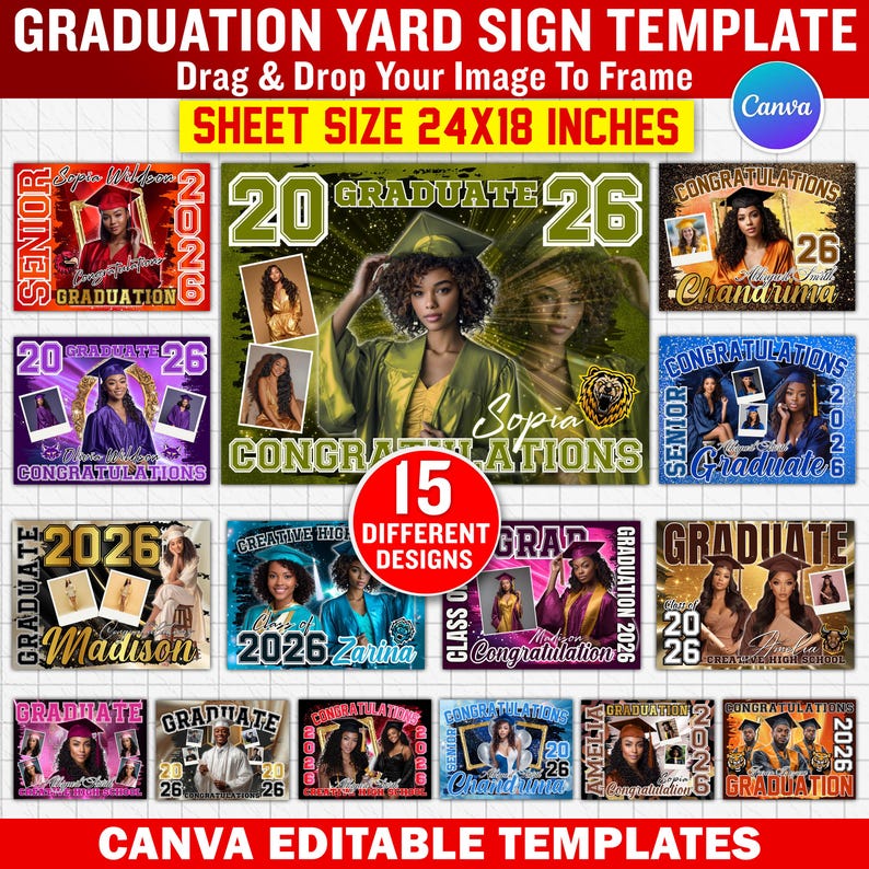 15x Graduation Yard Sign Canva Template Bundle, Editable Senior Yard ...