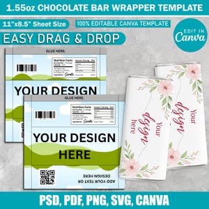 Könnte beinhalten: Schokoladenriegel-Verpackungsvorlage mit dem Text "YOUR DESIGN HERE". Das Design enthält ein Nährwertetikett und einen QR-Code. Die Vorlage ist 27,94 cm x 21,59 cm groß und in Canva bearbeitbar.