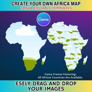 以下が含まれることがあります： アフリカ地図を作成するためのCanvaテンプレートを宣伝するグラフィック。雲のあるアフリカ地図の輪郭と国の輪郭が描かれた2つの地図が特徴です。「Create Your Own Africa Map」と「Easily Drag and Drop Your Images」というテキストが含まれています。