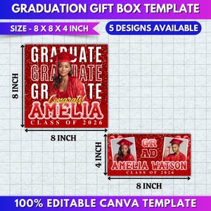 Pode incluir: Modelo de caixa de presente de formatura com fundo vermelho brilhante. A caixa tem 20 x 20 x 10 cm. O design inclui uma foto de uma graduada, o nome "Amelia" e "Turma de 2026". O modelo &eacute; 100% edit&aacute;vel no Canva.