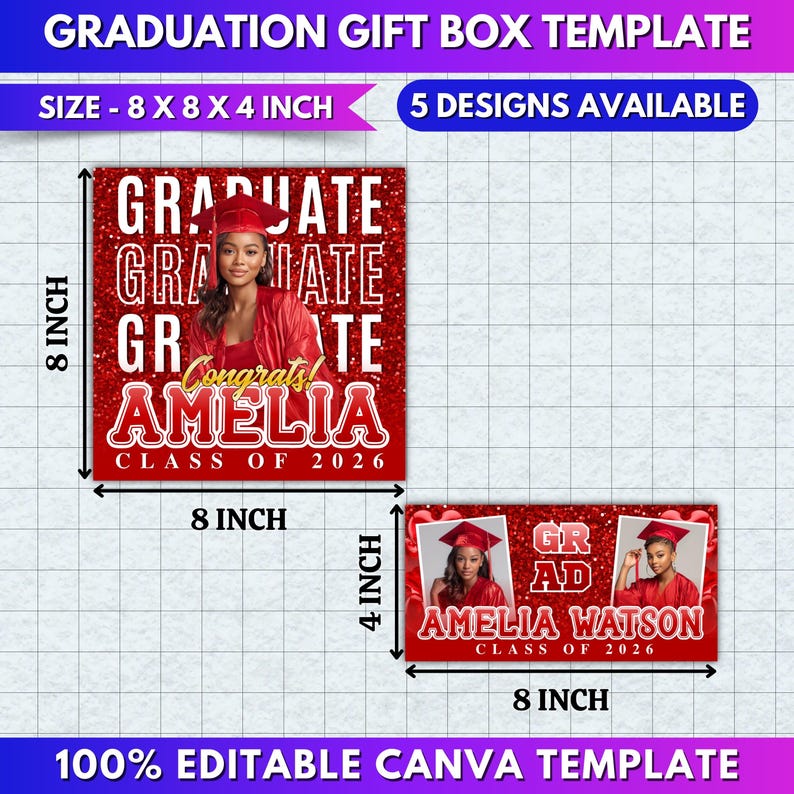 Pode incluir: Modelo de caixa de presente de formatura com fundo vermelho brilhante. A caixa tem 20 x 20 x 10 cm. O design inclui uma foto de uma graduada, o nome "Amelia" e "Turma de 2026". O modelo &eacute; 100% edit&aacute;vel no Canva.
