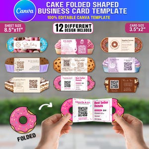 May include: A business card template with a folded cake shape design. The template includes 12 different designs, with a sheet size of 8.5"x11" and a card size of 3.5"x2". The template is 100% editable in Canva.