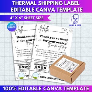 以下が含まれることがあります： 「こんにちは、ご注文ありがとうございます、とても良い一日でした」というテキストが入った、サーマル配送ラベルテンプレート。テンプレートのサイズは10.16cm x 15.24cmで、ソーシャルメディアの連絡先情報が含まれています。小さな段ボール箱も画像にあります。