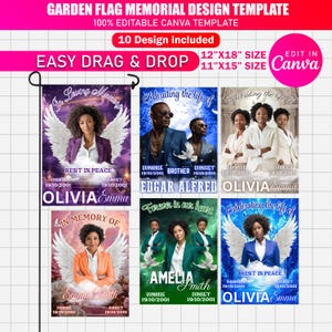 May include: A garden flag memorial design template with 10 designs. The flags feature portraits with angel wings, text like "In Loving Memory" and "Rest in Peace", and names like Olivia Emma. Sizes are 30.5cm x 45.7cm and 28cm x 38cm.