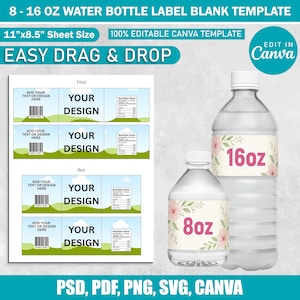 以下が含まれることがあります： 8オンスと16オンスのボトル用に設計された、ウォーターボトルラベルのテンプレート。 ラベルは、テキスト「YOUR DESIGN」と「Nutrition Facts」とともに白い背景に表示されます。 画像には、花のラベルが付いた2本のウォーターボトルも含まれています。
