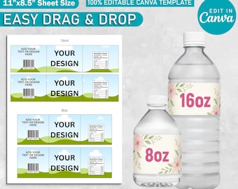 8 & 16 Oz Water Bottle Label Blank Template, DIY Label Template, Canva Editable Water Bottle Sticker Party Favor Water Bottle Label Template