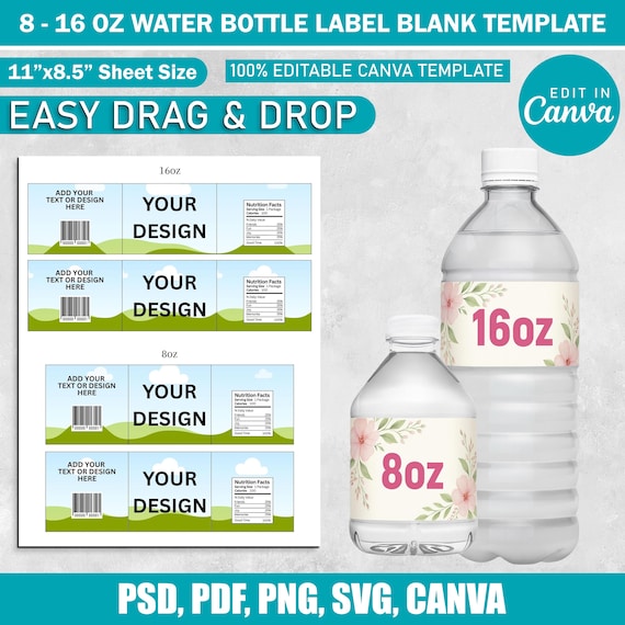 8 & 16 Oz Water Bottle Label Blank Template, DIY Label Template, Canva Editable Water Bottle Sticker Party Favor Water Bottle Label Template