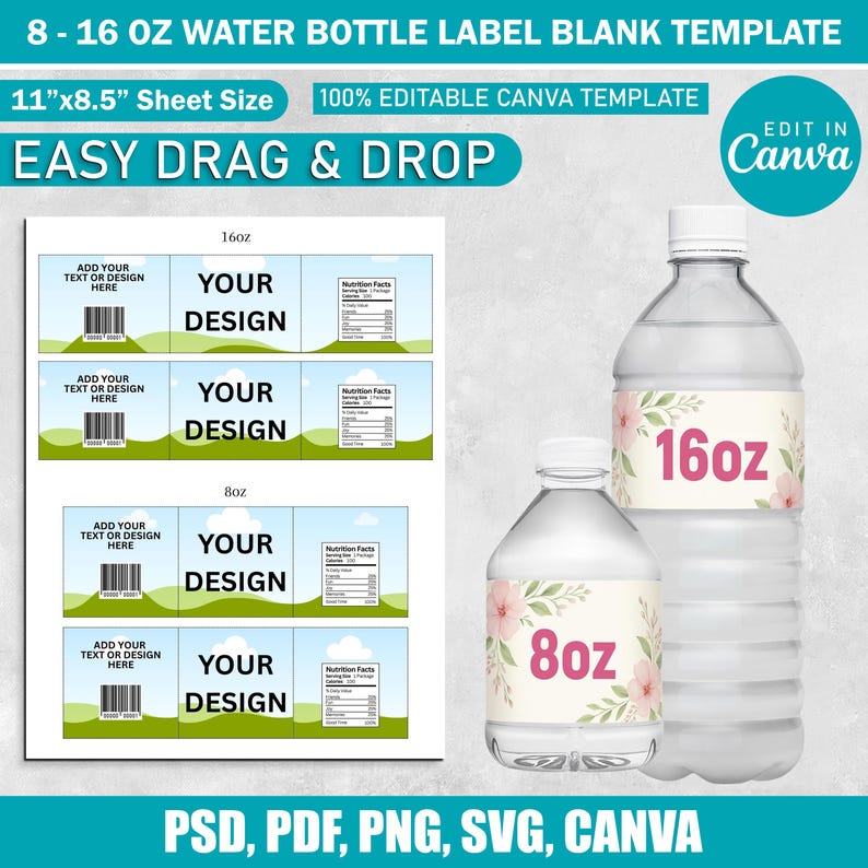 Op de afbeelding: Een sjabloon voor waterflesetiketten, ontworpen voor flessen van 8 en 16 oz. De etiketten worden weergegeven op een witte achtergrond met de tekst "YOUR DESIGN" en "Nutrition Facts". De afbeelding toont ook twee waterflessen met bloemenetiketten.