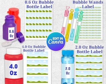 Bubble Bottle Label Template BUNDLE | 0.6 oz, 2 oz, 4 oz Label SVG & PNG | Bubble Wands Kids Party Favor Canva Editable