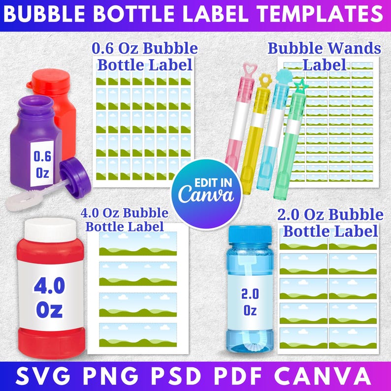 Pu&ograve; includere: Immagine di modelli di etichette per bottiglie di bolle con varie dimensioni e design. Include etichette per bottiglie da 0,6 oz, 4,0 oz e 2,0 oz, insieme a etichette per bacchette per bolle. &Egrave; visibile anche il testo "EDIT IN Canva".