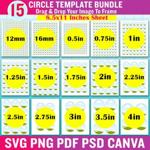 Pode incluir: Um pacote de 15 modelos de círculos em vários tamanhos, de 12 mm a 10,16 cm, dispostos em folhas de 8,5x11 polegadas. Cada modelo apresenta um círculo amarelo sobre um fundo branco. A imagem inclui o texto "CIRCLE TEMPLATE BUNDLE".