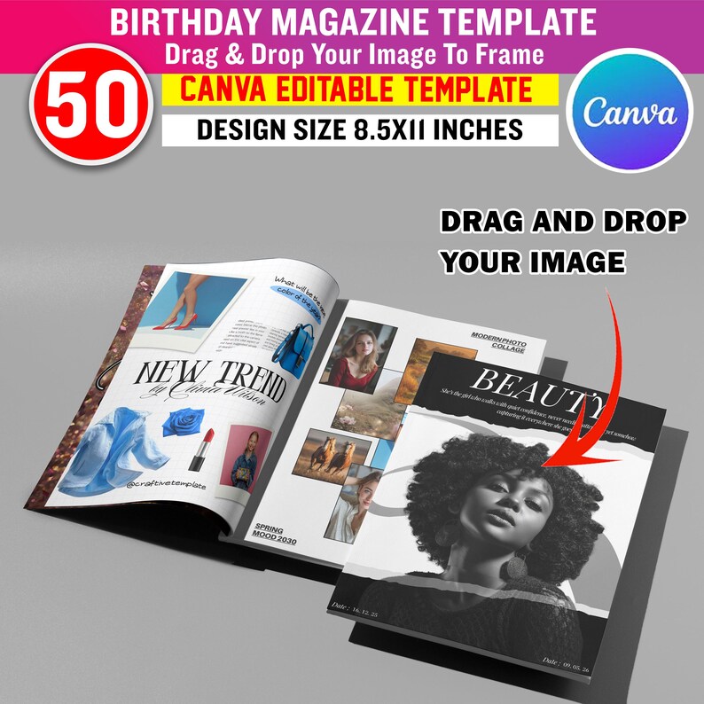 May include: A magazine template with the text "BIRTHDAY MAGAZINE TEMPLATE" and "CANVA EDITABLE TEMPLATE". The design size is 8.5x11 inches. The magazine features the words "NEW TREND" and "BEAUTY" with images and the Canva logo.