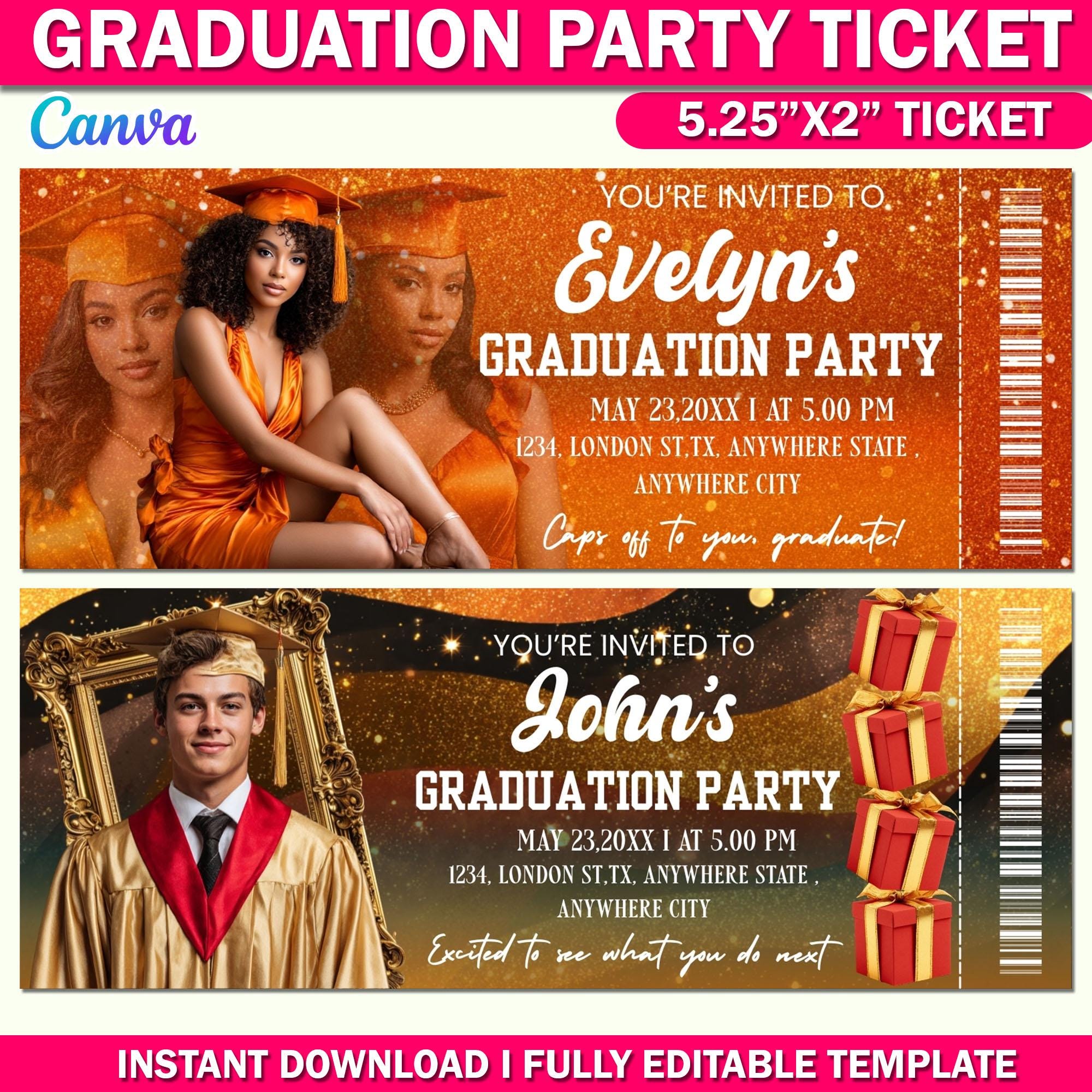 Professional Grad Tickets 10x Graduation Party Ticket Template Bundle | Editable Canva Designs ...