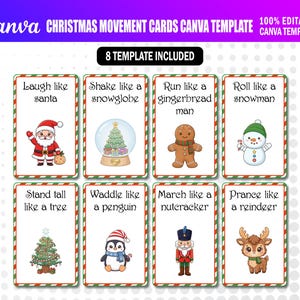 Może przedstawiać: Zestaw ośmiu kart ruchowych bożonarodzeniowych z ilustracjami i podpowiedziami tekstowymi. Każda karta przedstawia inną świąteczną postać lub przedmiot, taką jak Święty Mikołaj, bałwan i renifer, z odpowiednimi działaniami, jak "Śmiej się jak" i "Brykaj jak".