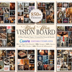 May include: A digital vision board template for Black men, featuring collage-style boards with images, quotes, and affirmations. The design includes the text "Black Men VISION BOARD" and "Canva EDITABLE TEMPLATES".