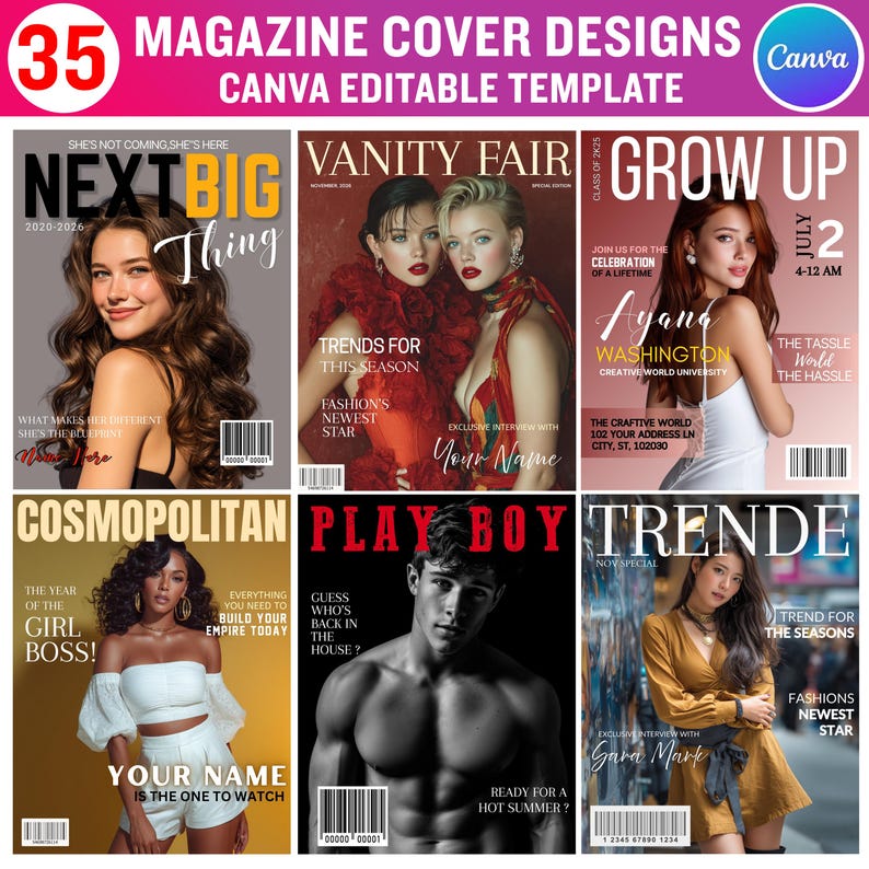 Puede incluir: Imagen promocional que muestra 35 dise&ntilde;os de portadas de revistas. Las portadas presentan diversos modelos y texto llamativo, incluyendo "Next Big Thing", "Vanity Fair", "Grow Up", "Cosmopolitan", "Playboy" y "Trende". La plantilla es editable en Canva.