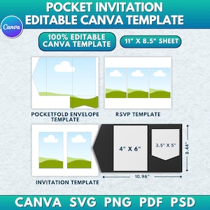 May include: An invitation template with the text "POCKET INVITATION EDITABLE CANVA TEMPLATE". The design includes a pocketfold envelope, RSVP, and invitation templates. The sheet size is 11" x 8.5". The template is editable in Canva and available in SVG, PNG, PDF, and PSD formats.