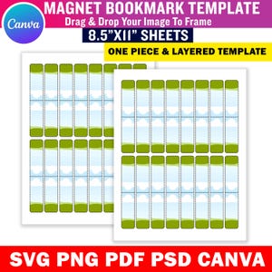 Puede incluir: Dos hojas de plantillas de marcap&aacute;ginas magn&eacute;ticos imprimibles. Cada dise&ntilde;o de marcap&aacute;ginas presenta un cielo azul y un dise&ntilde;o de nubes con acentos verdes. El texto de la imagen dice "MAGNET BOOKMARK TEMPLATE" y "8.5"X11" SHEETS".