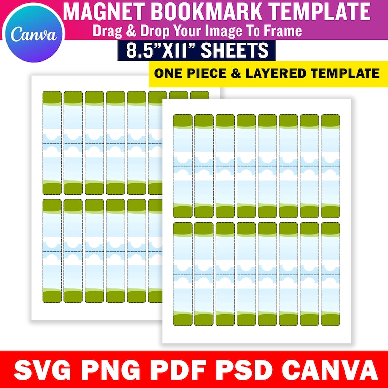 Puede incluir: Dos hojas de plantillas de marcap&aacute;ginas magn&eacute;ticos imprimibles. Cada dise&ntilde;o de marcap&aacute;ginas presenta un cielo azul y un dise&ntilde;o de nubes con acentos verdes. El texto de la imagen dice "MAGNET BOOKMARK TEMPLATE" y "8.5"X11" SHEETS".