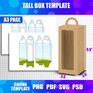 May include: A tall, brown cardboard box template with a handle, a clear window, and dimensions of 9.1 cm x 9.1 cm and 24.4 cm high. The image also shows a printed A3 page with a box design and the text "TALL BOX TEMPLATE".