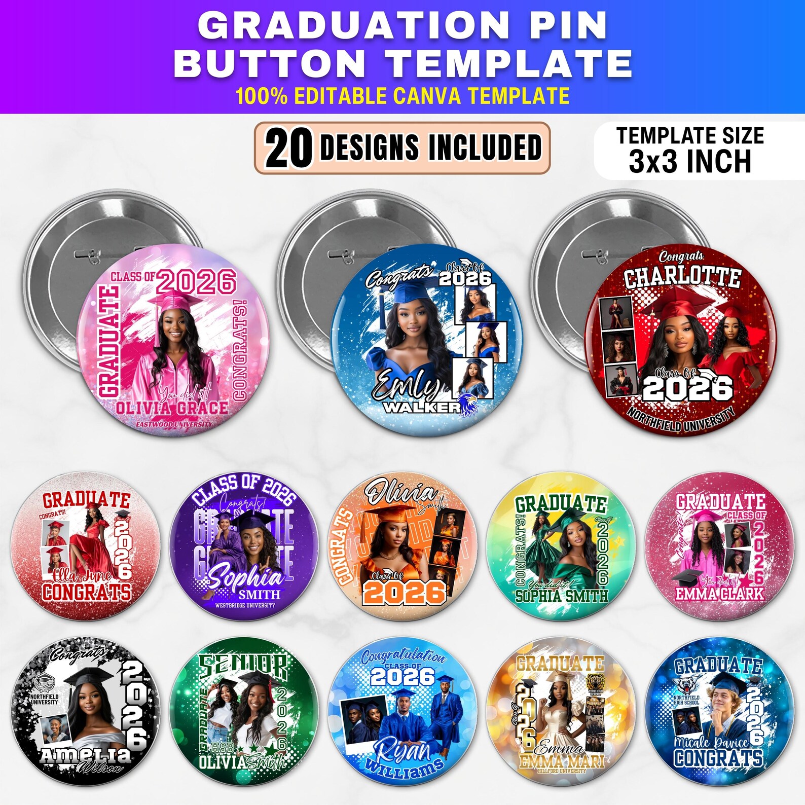 120+ Graduation Pin Button Template, Canva Editable Congrats Grad Class ...