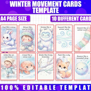 Może przedstawiać: Szablon kart ruchowych z motywem zimowym. Karty zawierają ilustracje królika, dziecka, yeti, wiatru, szalika, łyżwiarza, kraba, gałęzi, lisa i kuli śnieżnej. Tekst zawiera "Winter Movement Cards Template", "A4 Page Size", "10 Different Cards", i "100% Editable Template".
