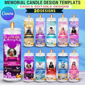 May include: A selection of memorial candle templates. Each candle displays a photograph, the text "In Loving Memory Of", and dates. The candles feature diverse colour schemes, including purple, gold, and blue, with floral and angel wing motifs.
