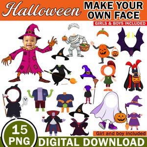 以下が含まれることがあります： ハロウィーンをテーマにした切り抜き画像を含むデジタルダウンロードグラフィック。魔女、ミイラ、カボチャ、吸血鬼のコスチュームが含まれています。「Halloween」、「Make Your Own Face」、「Girls & Boys Included」、「15 PNG Digital Download」、「Girl and boy included」と書かれています。