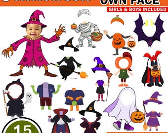 May include: A digital download graphic with Halloween costume cutouts. Includes witch, mummy, pumpkin, and vampire designs. The text reads "Halloween", "Make Your Own Face", "Girls & Boys Included", "15 PNG Digital Download", and "Girl and boy included".