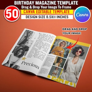 May include: A magazine template with the text "BIRTHDAY MAGAZINE TEMPLATE" and "CANVA EDITABLE TEMPLATE". The design size is 8.5x11 inches. The magazine features photos and the word "Precious".