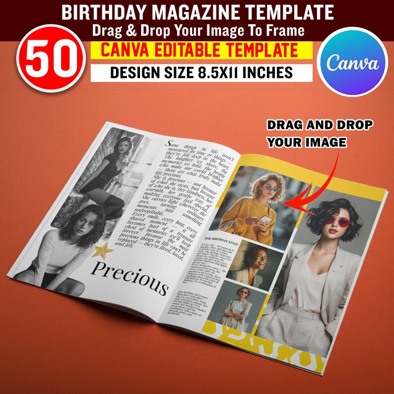 May include: A magazine template with the text "BIRTHDAY MAGAZINE TEMPLATE" and "CANVA EDITABLE TEMPLATE". The design size is 8.5x11 inches. The magazine features photos and the word "Precious".
