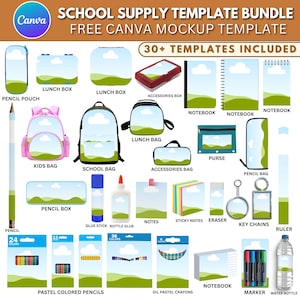 Può includere: Una grafica con vari materiali scolastici, tra cui astucci, portapranzo, zaini, quaderni e cancelleria. L'immagine include il testo "School Supply Template Bundle" e "Free Canva Mockup Template."