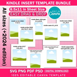 Könnte beinhalten: Ein digitales Vorlagenpaket für Kindle-Einsätze, mit Größen einschließlich 21,6 x 27,9 cm. Das Design ist in Canva bearbeitbar und enthält Vorlagen für verschiedene Kindle-Modelle. Der Text lautet "EASY DRAG & DROP".