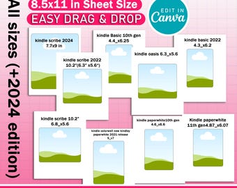 May include: A digital download template bundle for Kindle inserts, featuring various sizes including 8.5x11 inches. The design is editable in Canva and includes templates for different Kindle models. The text reads "EASY DRAG & DROP".