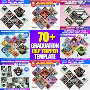 Peut inclure: Image présentant des modèles numériques de coiffes de graduation. Le texte "GRADUATION CAP TOPPER TEMPLATE" et "100% EDITABLE CANVA TEMPLATE" est visible. Différentes conceptions sont affichées, avec des tailles de 21,59 cm x 21,59 cm et 11,96 cm x 11,96 cm.
