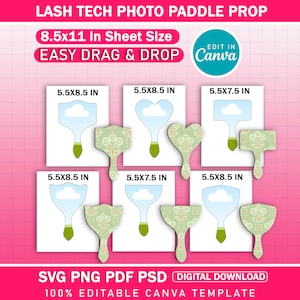 Puede incluir: Una descarga digital con accesorios de fotos para técnicos de pestañas. Los accesorios vienen en varias formas, incluyendo nubes y corazones, con dimensiones de 14 x 21,6 cm y 14 x 19 cm. El diseño incluye el texto "LASH TECH PHOTO PADDLE PROP" y "EASY DRAG & DROP".