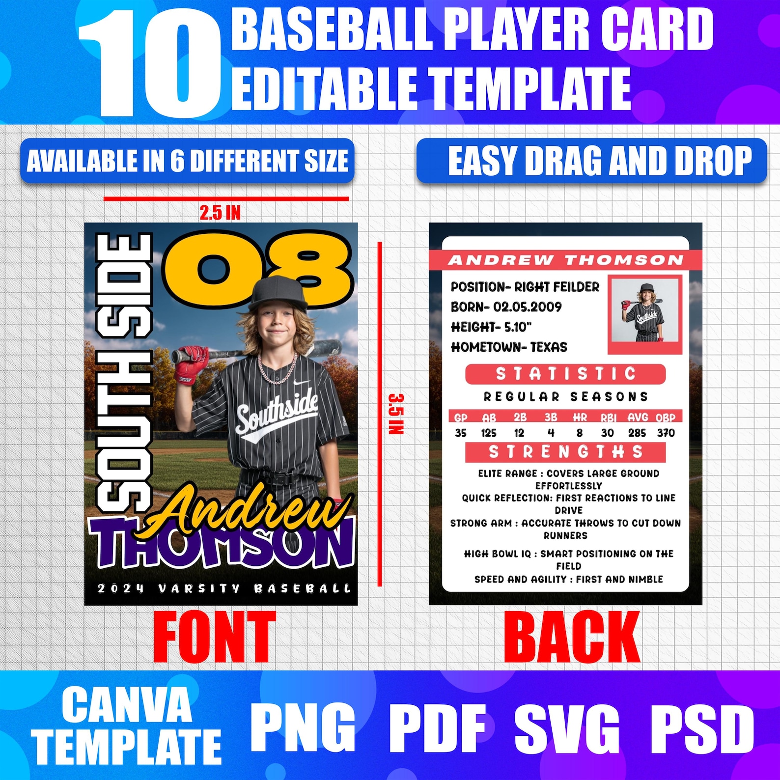 6x Custom Baseball Player Card Canva Templates | Editable Rookie Card ...