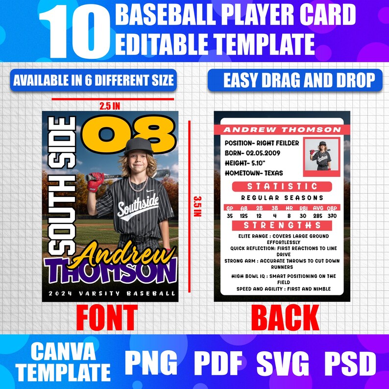 6x Custom Baseball Player Card Canva Templates | Editable Rookie Card ...