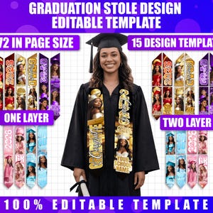Może przedstawiać: Kobieta w szacie absolwenta z szablonem projektu stoli. Obraz zawiera przykłady stoli ze zdjęciami, tekstem i słowami "Graduation Stole Design Editable Template". Tekst zawiera "72 in page size" i "15 design template".