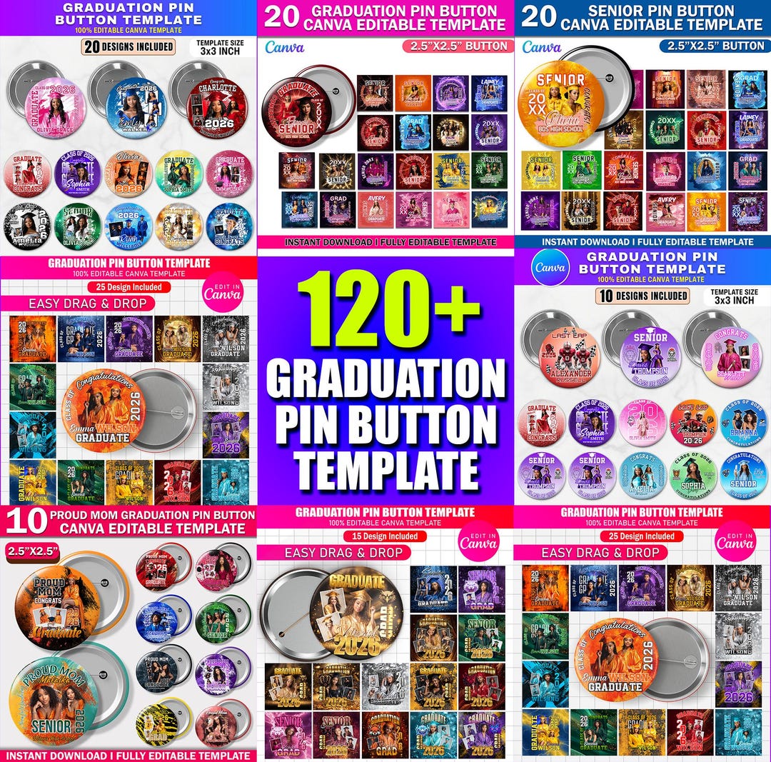 120+ Graduation Pin Button Template, Canva Editable Congrats Grad Class ...