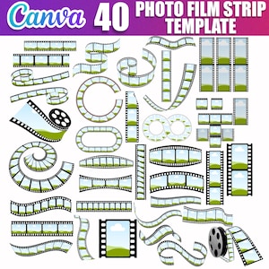May include: A collection of 40 photo film strip templates in various shapes and designs. Each strip features a landscape scene with green fields and blue skies. The word "Canva" and the number "40" are at the top.