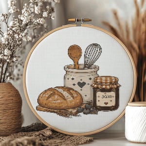 Bakkeuken Kruissteekpatroon PDF, Jampot Broodgarde Borduurpatroon, Landelijke Rustieke Bakkerij Digitale Download